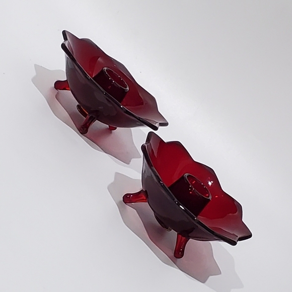 (2) Fenton Ruby Amberina 3 Footed Lotus Taper Candle Holders - Picture 7 of 10